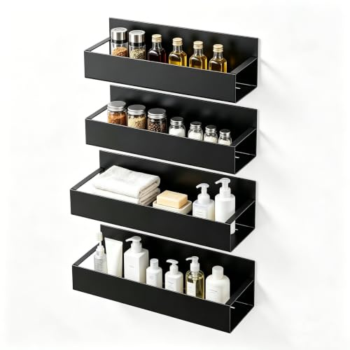 Ruspela Gewürzregal magnetisch 4er Set, magnetisches Regal | für Kühlschrank, Seitenablage für Gewürze und Utensilien, starke Haftkraft bis 3,6kg, schwarz, ohne Bohren