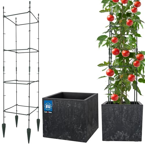 KOTARBAU® Blumentopf, Modulare Rankhilfe, Übertopf mit Innentopf | Quadratisch, 39 x 39 x 37 cm, in Beton Optik, Anthrazit + 29 x 29 x 120 cm, Rankgitter, Ranksäule, Kunststoff, Grün
