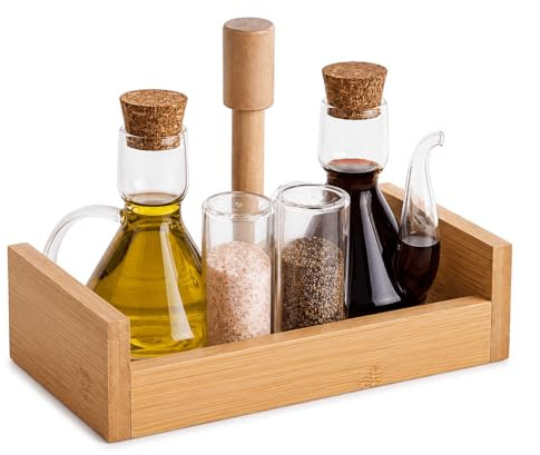 Eden & Willow Olive Oil Dispenser Cruet Bottle Set 125ml, Borosilicate Glass Condiment Salad Dressing & Vinegar Pots, Bamboo Stand, Salt & Pepper Shakers Included, Restaurant Kitchen Essentials