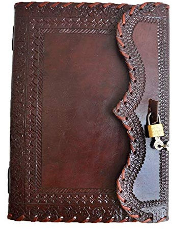 Jaald 25 cm Notizblock Notizen Notizbuch Seiten Handgemacht Album Tagebuch Leder mit Lederbezug Geschenke Antik Keltische Schloss Schlüssel Schliesse - Marron