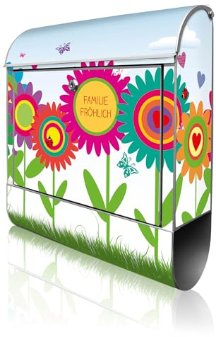 banjado Design Briefkasten personalisiert 38,5x46,5x13cm & 2 Schlüssel - Briefkasten Stahl Silber Zeitungsfach pulverbeschichtet - Postkasten A4 Einwurf inkl. Montagematerial - Motiv Bunte Blumen