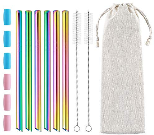 6 Pcs Rainbow Reusable Boba Straws, 0.5 Wide Stainless Steel Straws with Angled Tips & Cleaning Brush