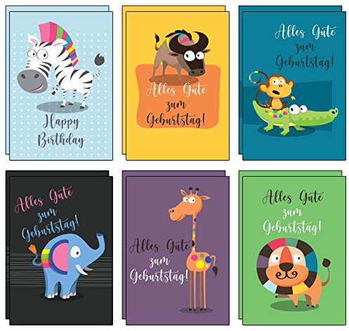 the lazy panda card company 12 bunte und fröhliche Geburtstagskarten für Kinder inkl. 12 rote Umschläge aus recyceltem Papier