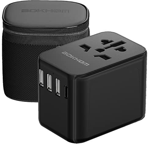Worldwide Travel Adapter with USB C and A Port, All-in-one Universal Plug Carry Pouch Dual 10A Fuses International Power 4 Plugs Trips to US AU Europe UK