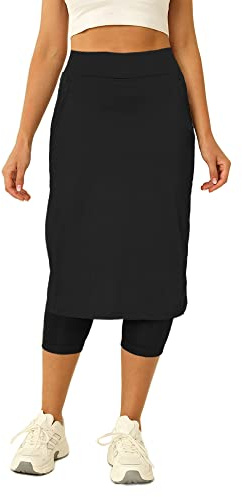Aurgelmir Womens Tennis Skirt with Capris Leggings Golf Knee Length Skorts Athletic Long Skirts for Women with Pockets Black
