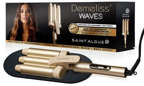 Demeliss WAVES Ferro Arricciacapelli Effetto Wavy Professionale - Rivestimento Ceramica e Tormalina - 10 Temperature Regolabili - Per Tutti i Capelli - Con Tappetino Termoresistente e Pochette