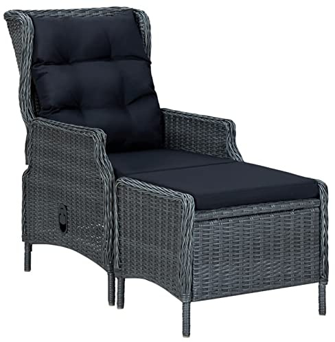 Yolola gartensessel Rattan Verstellbar mit Fußhocker Liegefunktion Geflechtsessel Sessel Gartenstuhl Stuhl Garten Rattansessel mit Auflagen Poly Rattan -Grau-