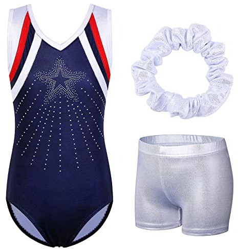 BAOHULU Gymnastics Leotards for Girls Gradient Shiny Diamond One Piece Dance Outfit & Matching Shorts KHB293_RedNavy_10A