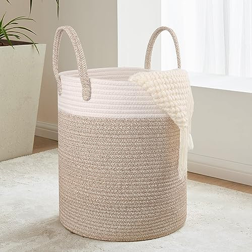 VORHOT Wäschekorb Geflochten aus Baumwolle, 49L Wäschesammler mit Henkel, Laundry Baskets Aufbewahrungskorb für Decken Spielzeug, Korb Wäsche Organizer für Wäschekammer Kinderzimmer Bad, 35x40cm