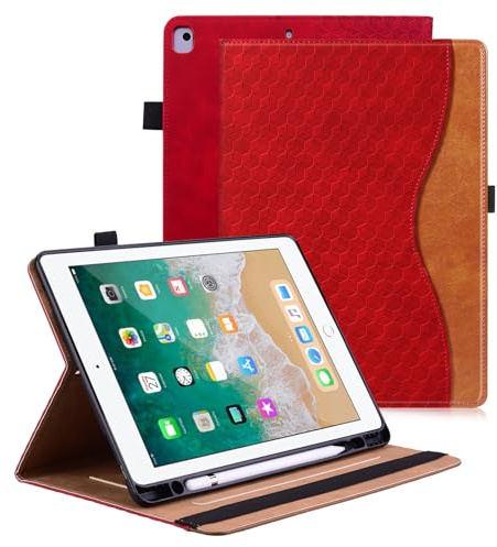 Vkooer Hülle für iPad 9.7 Zoll 2018/2017 (iPad 6./5. Generation) Schutzhülle mit Pencil Halter Ledertasche Cover Case mit Auto Schlaf/Aufwach Kartentasche für iPad Air 2/Air 1 - Rot