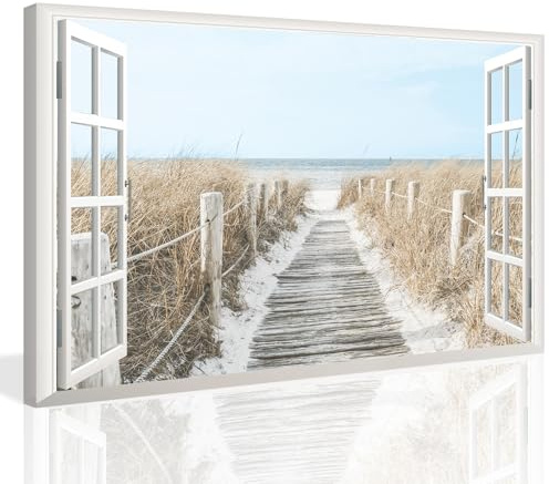KAIRNE 3D Fake Window Wall Art Poster Coastal Beach Reeds Canvas Prints 39x59cm Modern Living Room Wall Decor Weeds Pathway to Ocean Landscape Wall Picture Sea Artwork for Bedroom Study Room Office