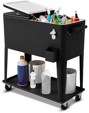 SPOTRAVEL 75L/76L Rolling Cooler Cart, Insulation Ice Chest on Wheels with Shelf, Handles & Bottle Opener, Outdoor Beverage Cooler Serving Trolley for Party Camping (Black, 91 x 48 x 87 cm)