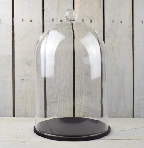 EMH Glocke aus Glas, handgefertigt, klar, rund, groß, mit Knauf und schwarzem Holzsockel, 40 x 25 cm