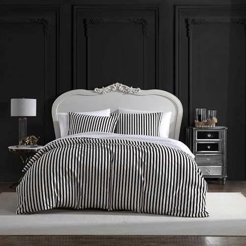 Betsey Johnson King-Size-Bettbezug, weiches Bettwäsche-Set mit passenden Kissenbezügen, schicke Heimdekoration (Wonderland-Streifen, Schwarz, King-Size)