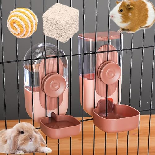 800 ml 2 Pcs Distributore automatico di cibo da e distributore di acqua,per animali domestici a gravità,ciotola per Mangiatoia automatica,-conigli, galline,gatti+1 molari Pietra+1 palla di sisal-rosa