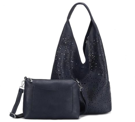 Damen Tasche XXL Set 2in1 Shopper Hobo Bag Schultertasche Cross Over Body Bag Umhängetasche Beuteltasche Handtasche Leder Optik Dunkelblau