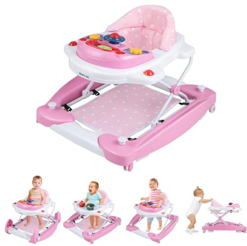 GYMAX Girello Convertibile 6 in 1 per Bambini, Girello Pieghevole con Ruote, Cavallo a Dondolo per Bambini con Pedana, Luci e Musica e Giocattoli, per Bambini di 7-14 Mesi (Rosa)