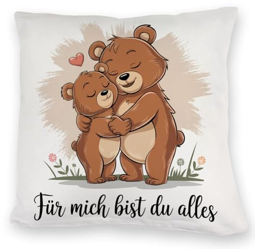 Zwei kuschelnde Bären - Für Mich bist du Alles Kuschelkissen Illustration mit Herzsymbol Liebe und Zuneigung zwischen den Bären Warme Geschenkidee