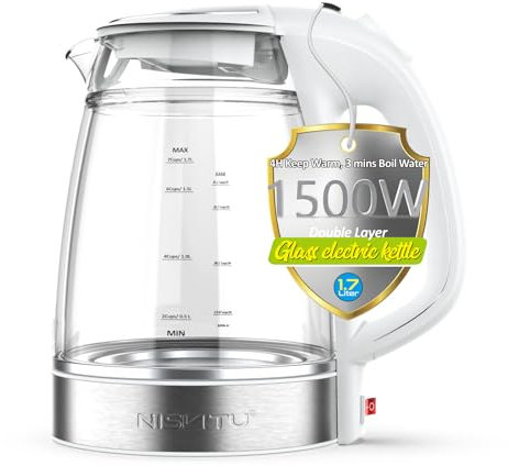 Wasserkocher Doppelwandig Glas 1,7 L Ohne Plastik Mit Kalkfilter Heißwasserspender Kleiner BPA-Frei Leise Edelstahl Warmhaltefunktion Kabellos Groß Still LED Heater, Automatische Abschaltung weiß