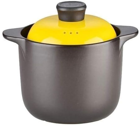Olla de barro for cocinar, olla redonda de gres negro, cazuela de sopa de sopera, olla china for sopa/arcilla/barro con doble asa y tapa amarilla, utensilios de cocina de cerámica