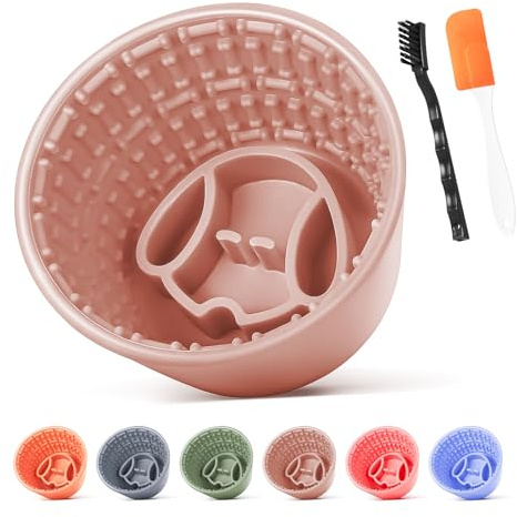 Focxoio Silicone Slow Feeder Dog Bowl with Suction Cup | Non-Slip BPA Free Anti-Choking Slow Food Cup Pet Feeding Comes with Brush and Spatula, Easy to Clean, Brown