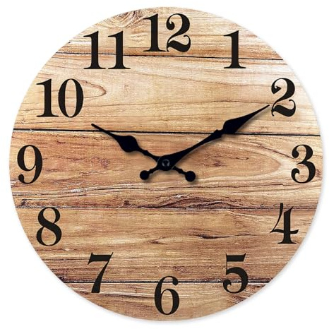 Constantplanet Brown Kitchen Wall Clocks Battery Operated 10 Inch Analog Wood Rustic Wall Clock Small Farmhouse Clocks for Walls (No Solid Wood, It is with MDF Material)
