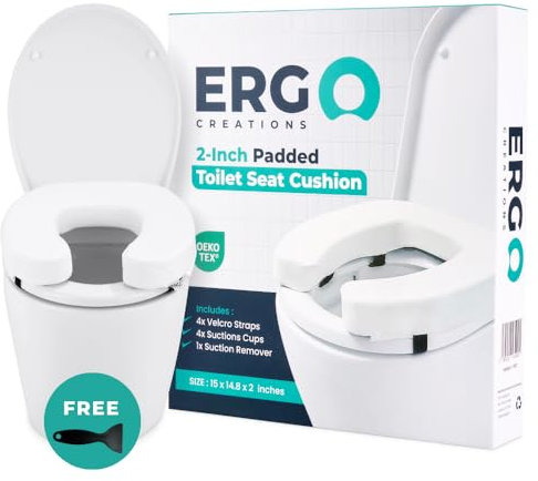 Ergo Creations® 2-Inch Padded Toilet Seat Riser Cushion for Elderly & Disabled, Adds 5.1 cm Height – Secure Fit with Velcro & Suction Cups – Post-Surgery Mobility Aid, Fits Standard Toilets