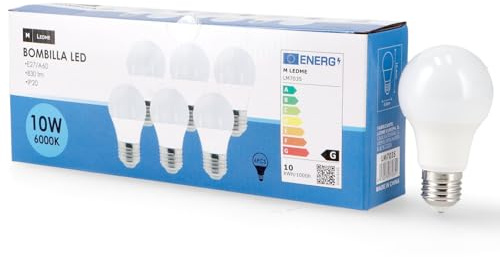 M Ledme - Confezione da 6 lampadine LED E27 A60 10W, luce fredda (6000k), attacco E27, 820 lumen, IP20, apertura fascio luminoso 200°, efficienza energetica e basso consumo. Modello LM7610