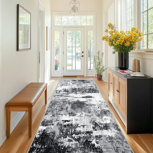 Chicnix Teppich Flur Küche 80x300, Teppich Läufer Waschbar Kurzflor rutschfest für Schmalen Gang, Moderner Abstraktem Malerei Teppiche für Eingangsbereich Schlafzimmer Dekor, Schwarz Weiß
