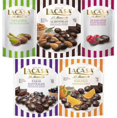 Lacasa Mi Momento pack de 5:Arándano choco Negro 60G,Pistacho Leche 50G,Pasas choco Negro 150G,Almendra choco Negro 125G,Naranja choco Negro 125G