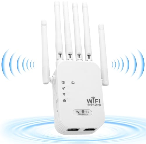 Repetidor WiFi de 1200Mbps, 6 Antenas, 2 Puertos LAN, Amplificador de Señal con Cobertura de 200m², Alcance de 360°, Blanco