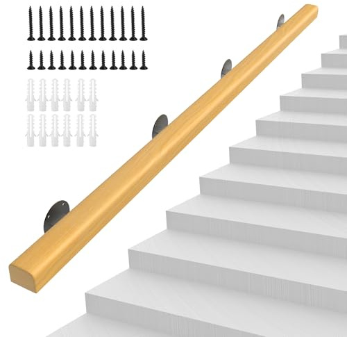 10FT Wooden Stair Handrails,Hand Railings for Stairs Indoor Outdoor Wall Mount Support Wood Handrails,Non-Slip Sturdy Staircase Handrail Safety Grab Bar Rod Complete Kit for Home,Lofts,Guardrail