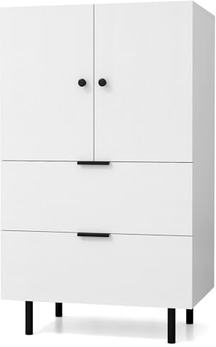 COSTWAY Buffet Sideboard, Wooden Storage Cabinet with 2 Doors, 2 Drawers, Anti-Tipping Kits & Metal Legs, Modern Bar Cabinet Cupboard Display Organiser for Kitchen Dining Living Room (White)