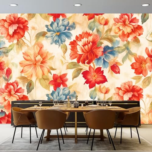 Generico Carta da parati fotografica versatile 200 x 140 cm, Stile Rustico Acquerello Fiori motivo Gigante Poster Carta da parati per soggiorno camera da letto Ufficio Cucina Decorazione - Crema