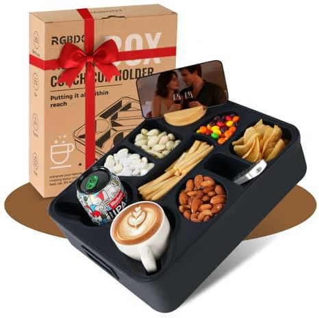 Couchbar Snackbox Silikon – Weiche Snackschale mit Fächern & Getränkehalter – Perfektes Sofa Tablett für Paare, Date Nights & gemütliche Filmabende (Schwarz)