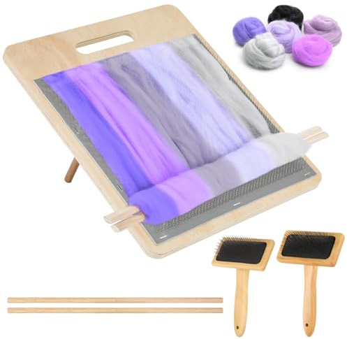 YOFAPA 5 PCS Wool Blending Board Set, Yarn Carding Board with Bent Steel Needles, 2 Sizes Wooden Carding Brushes, 2 Wooden Sticks, Felted Wool Carder for DIY Projects, Wool Comb for Mixing