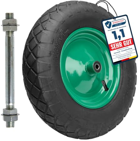Garronda Ruote per Carrello 4.80/4.00-8 con Asse, Pneumatica 4PR con profilo a rombi Ruota Carriola, Ø 39×9,7 cm, foro 12 mm, portata fino a 220 kg GD-0163, Nero/Verde