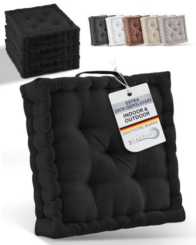 Beautissu 4er Set Bodenkissen Sitzkissen Matratzenkissen mit Tragegriff | 50x50cm 10cm dick Schwarz 100% Baumwolle Stuhlkissen Indoor & Outdoor extra dicke Sitzauflagen Boden Meditationskissen Mila