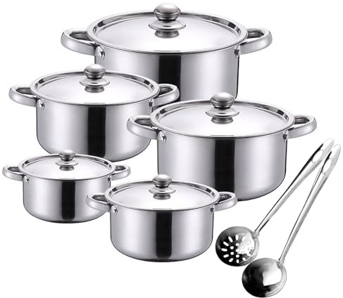 7-Piece Cooking Pot Set Made of Stainless Steel,Double Handle with Lids Soup Ladle Slotted Spoon Classic Design,with 3 Cooking Pots and 2 Saucepan (Silver)