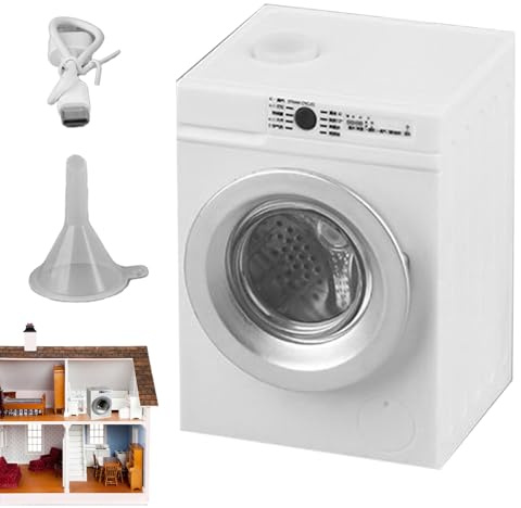 Mini Puppenhaus Spielzeugwaschmaschine 1:12 - Wiederaufladbare elektrische Waschmaschine mit rotierender Trommel und aufklappbarem Deckel | Realistisches Mini-Möbel-Szenenmodell für Kinder