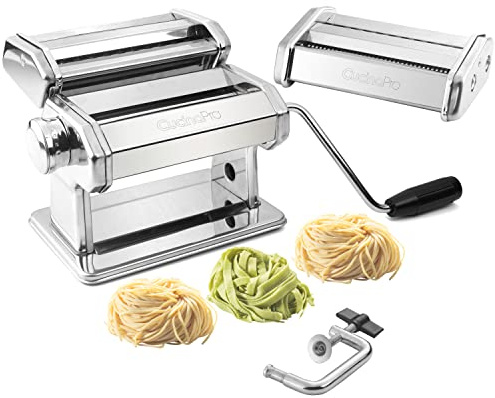 Cucina Pro Nudelmaschine, robuste verchromte Stahlkonstruktion mit Fettucin und Spaghetti-Aufsätzen, Rollen mit verstellbaren Dickeneinstellungen, manuelle Handkurbel, Rezepte enthalten