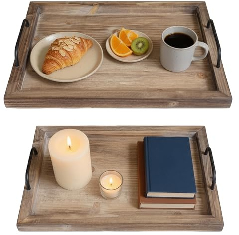 Besti Rustic Vintage Food Serving Trays (Set of 2) | Nesting Wooden Board with Metal Handles | Stylish Farmhouse Decor Serving Platters | Large: 15 x2 x11 - Small: 13 x2 x9 inches (Rustic Burnt)