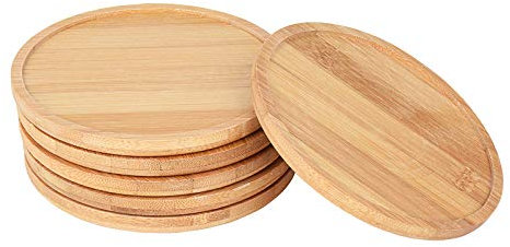 Sanmum 6 Stücke Bambus Blumentopf Tablett, Rund Holz Untertasse für Mini Pflanze Sukkulenten Töpfe, Kaktus Untersetzer aus Bambus (9.5cm)