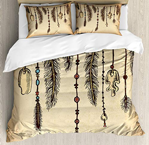 Ambesonne Tribal Duvet Cover Set, Bohemian Hair Accessories Bird Feathers Beads on String Sketch Digital Print, Decorative 3 Piece Bedding Set with 2 Pillow Shams, California King, Camel Brown