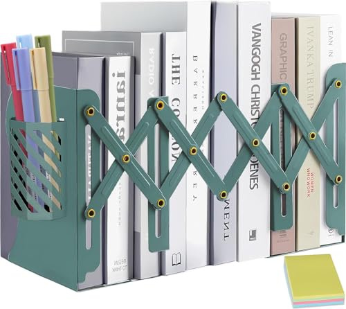 DARUITE Buchstütze, Buchstützen Metall mit Abnehmbaren Stifthalter, Grün | Verstellbare, Bücherhalter für Zuhause, Klassenzimmer, Schule, Bibliothek, Ideal für Ordner, Zeitschriften, Schüler, Lehrer