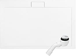 VBChome Duschwanne 130x90 cm + Siphon sehr Flach Acryl Hochwertige Glasfaser verstärkte Wanne quadratisch Weiß Aufbau-Höhe: 4,5 cm Ablaufgarnitur