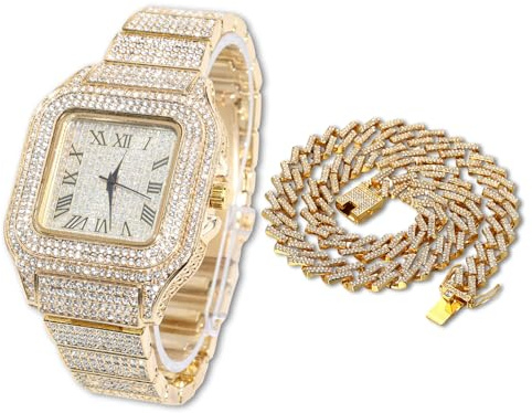 Halukakah Quadratisch Zifferblatt Diamant Golduhr Iced Out, Männer 18k Echtgold/Platin Weißgold Plattiert Quarz Armband 24cm, mit Kubanische-Kette Halskette Armband-Set Optionen, mit Geschenkbox