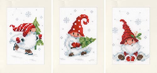 Vervaco Lesezeichen Kreuzstich Stickpackungen Gezählter Kreuzstich Weihnachtsgnome 3er DIY Postkarten Set Erwachsene Sticken Bastelset ca. 10,5 x 15 cm Stickset für Anfänger Kreatives Geschenk
