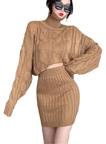 Winter Strickset Frauen Dicke Casual Oversize Rollkragen Pullover Crop Top + Hohe Taille Sexy Bodycon Rock Zweiteiliges Set, braun, One size