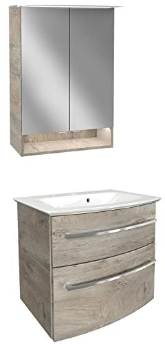 FACKELMANN Badmöbel Set B.Style 3-TLG. Dunkelbraun & Mineralgusswaschbecken & LED Spiegelschrank 60 cm - Made in Germany